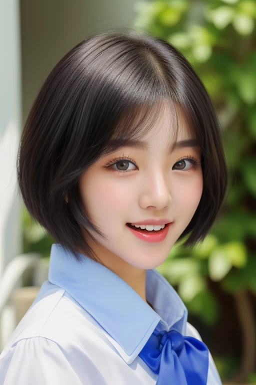 1 korean girl、high school Student uniform、very beautiful face、strikingly beautiful, eyes hook the soul seduces you, shiny white shiny skin、Best Looks、black hair, ((very short hair)), Very beautiful 17 year old、Big eyes that shine crystal clear light blue、Beautiful cute beautiful girl, (((super close up of mouth)))、(Opens mouth wide and shows throat)、(Smile with mouth wide open)、tongue、long tongue、(tongue out)、teak、lip