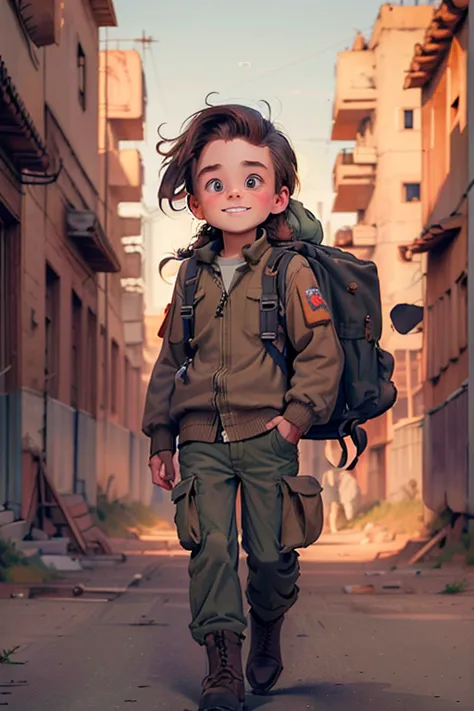 boy, long eyelashes, mischievous grin, very tousled brown tousled long hair, brown sweatshirt, brown military trousers with patc...