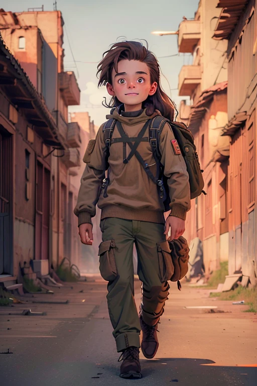 BOY, Long eyelashes, mischievous grin, very tousled brown tousled long hair, Brown sweatshirt, brown military trousers with patch pockets, massive high infantry boots, backpack, curiosity, big brown eyes, in a Soviet abandoned urban village,  8 k, Super Detail, accurate, Best quality, masterpiece, high detail