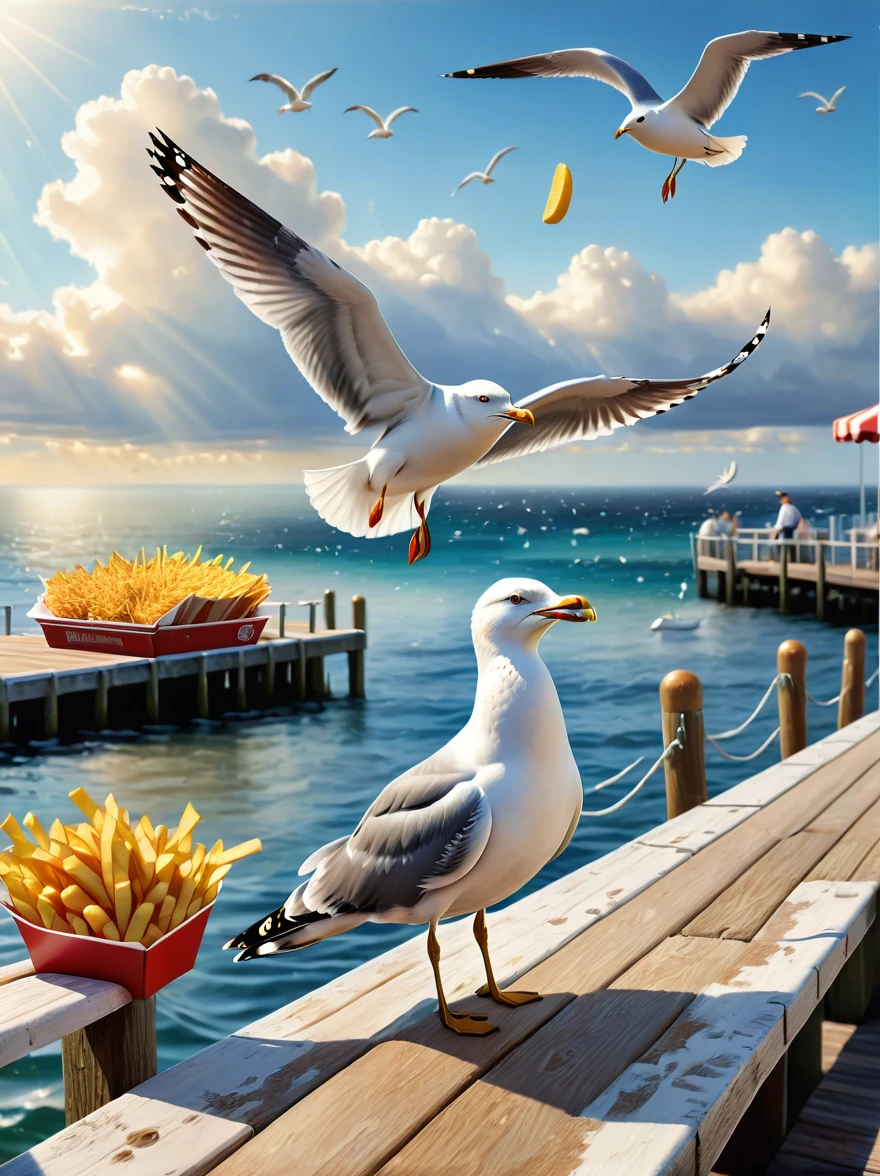 (mejor calidad,4k,8K,alta resolución,obra maestra:1.2),ultra detallado,(Realista,photoRealista,photo-Realista:1.37),ilustración,una gaviota robando papas fritas,en un muelle de madera,océano,seagulls,bokeh,nubes,soleado,hdr,un hombre mirando divertido,al estilo de Josh Byerly