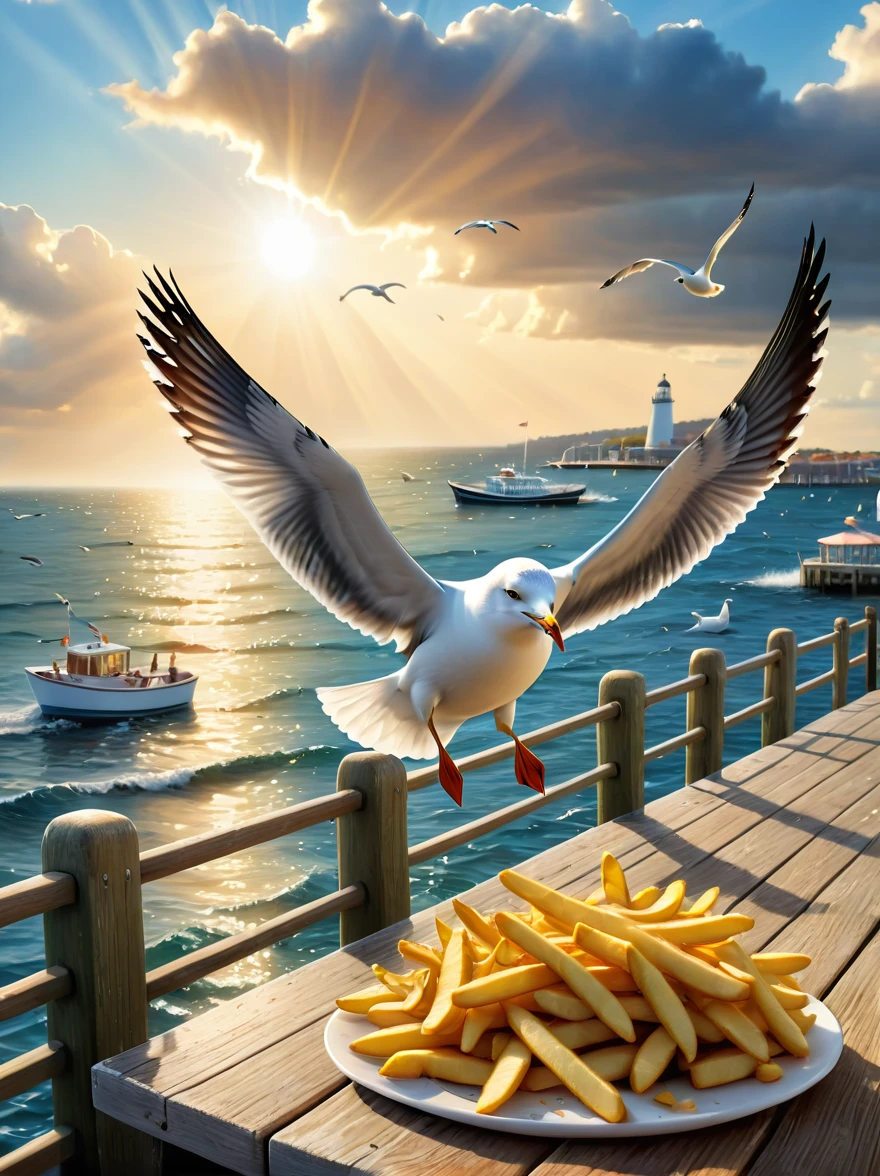 (mejor calidad,4k,8K,alta resolución,obra maestra:1.2),ultra detallado,(Realista,photoRealista,photo-Realista:1.37),ilustración,una gaviota robando papas fritas,en un muelle de madera,océano,seagulls,bokeh,nubes,soleado,hdr,un hombre mirando divertido,al estilo de Josh Byerly