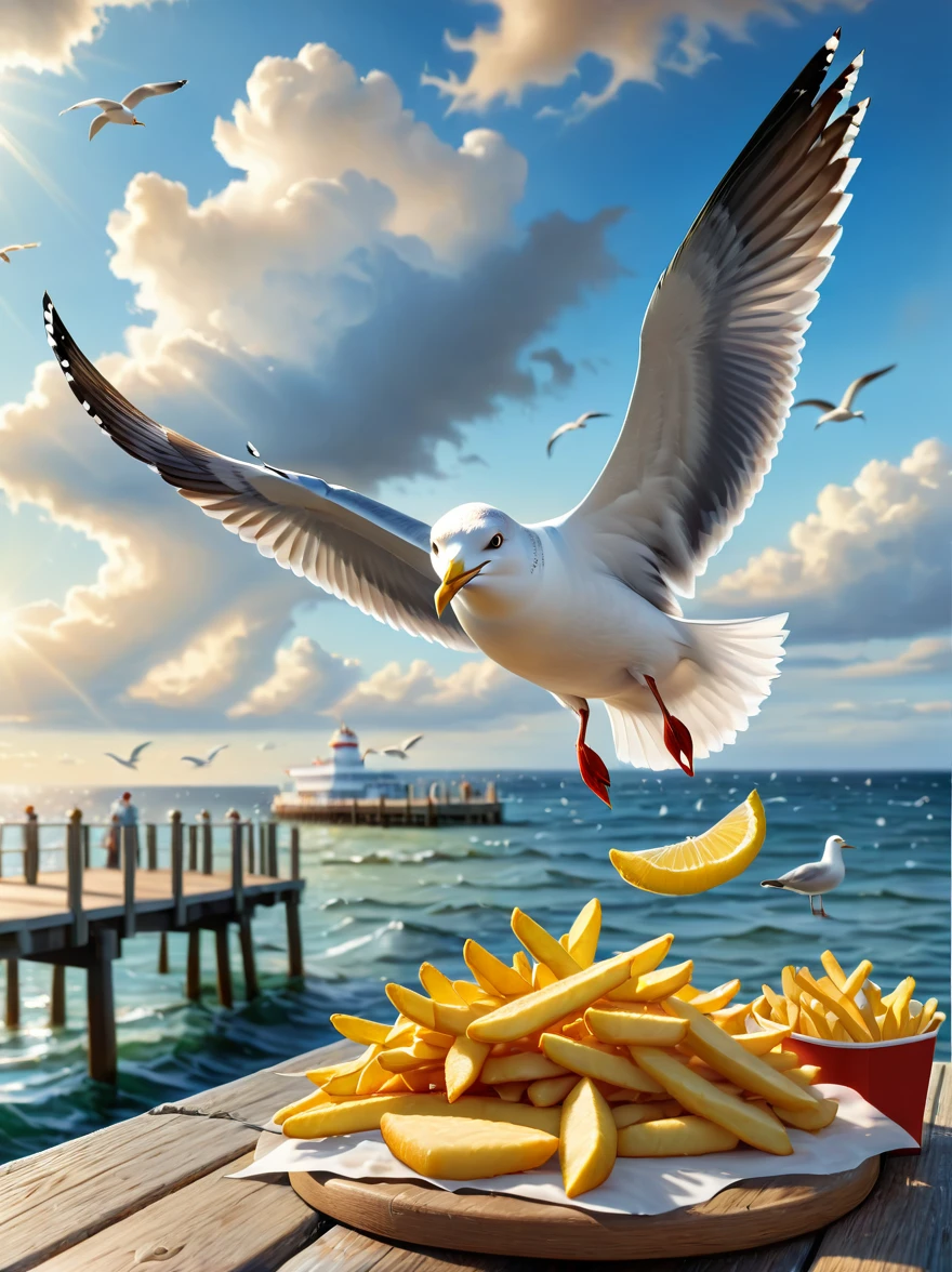 (mejor calidad,4k,8K,alta resolución,obra maestra:1.2),ultra detallado,(Realista,photoRealista,photo-Realista:1.37),ilustración,una gaviota robando papas fritas,en un muelle de madera,océano,seagulls,bokeh,nubes,soleado,hdr,un hombre mirando divertido,al estilo de Josh Byerly