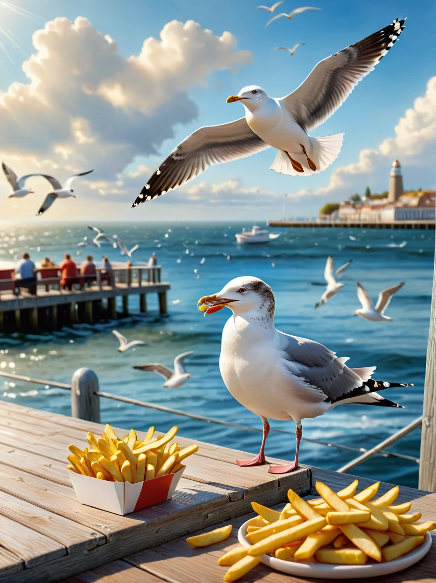 (mejor calidad,4k,8K,alta resolución,obra maestra:1.2),ultra detallado,(Realista,photoRealista,photo-Realista:1.37),ilustración,una gaviota robando papas fritas,en un muelle de madera,océano,seagulls,bokeh,nubes,soleado,hdr,un hombre mirando divertido,al estilo de Josh Byerly