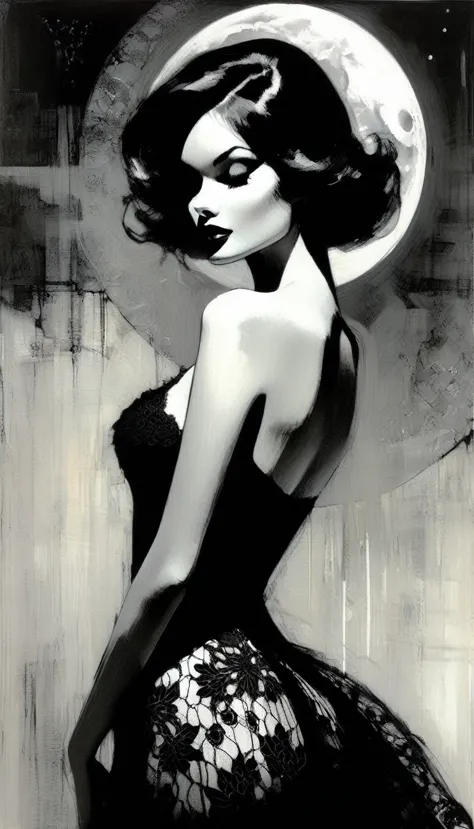 the sexy girl and the half moon, night, lace dress black and white image( art inspired by Bill Sienkiewicz, oil painting)
