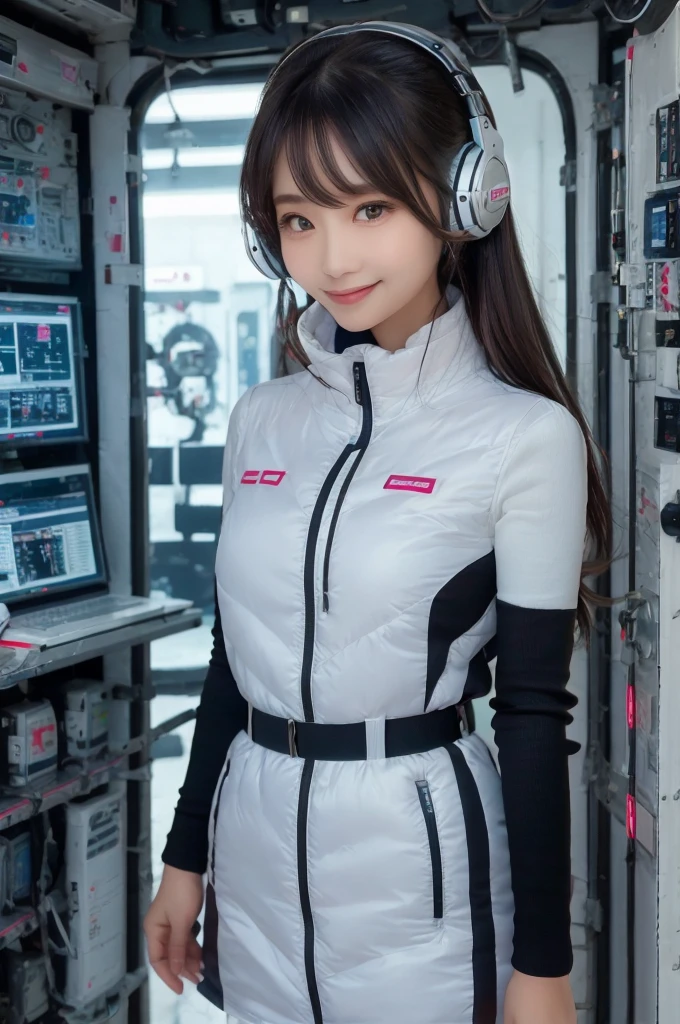 masterpiece, Highest quality, Very detailed, 8K Portrait,Japanese Android Girl,plump , Control panel,Robotic arms and legs, Blunt bangs,,break (Metallic Gray, Metallic luster, Mirror finish, Astro Best):5,headphone:5,break (Black sleeves):100,Smart Watches,Futuristic space station,Control Room,break headphone,blue eyes,(Black Hair):2,(Long Hair):1.3,Displaying the viewer,(respirator),break blush:3,Hidden Hand,smile