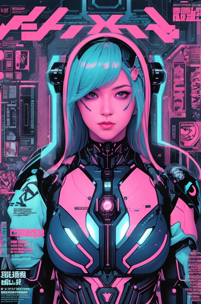 Feminine cyborg, magazine cover, poster art , hint of vibrant, bold sexy text