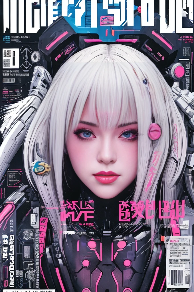 Feminine cyborg, magazine cover, poster art , hint of vibrant, bold sexy text