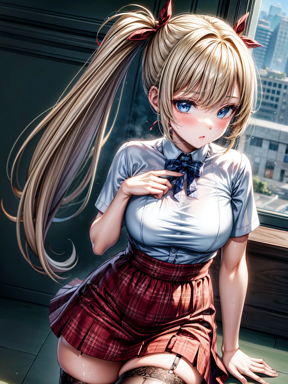 1girl,masterpiece,best quality,blonde hair,(dual short ponytails),blue eyes,(white stockings),(red plaid skirt),standing,in full length,medium breasts,white t shirt,in front of streets,extremely detailed,[[realistic]],beautiful alluring anime teen,seductive anime girl