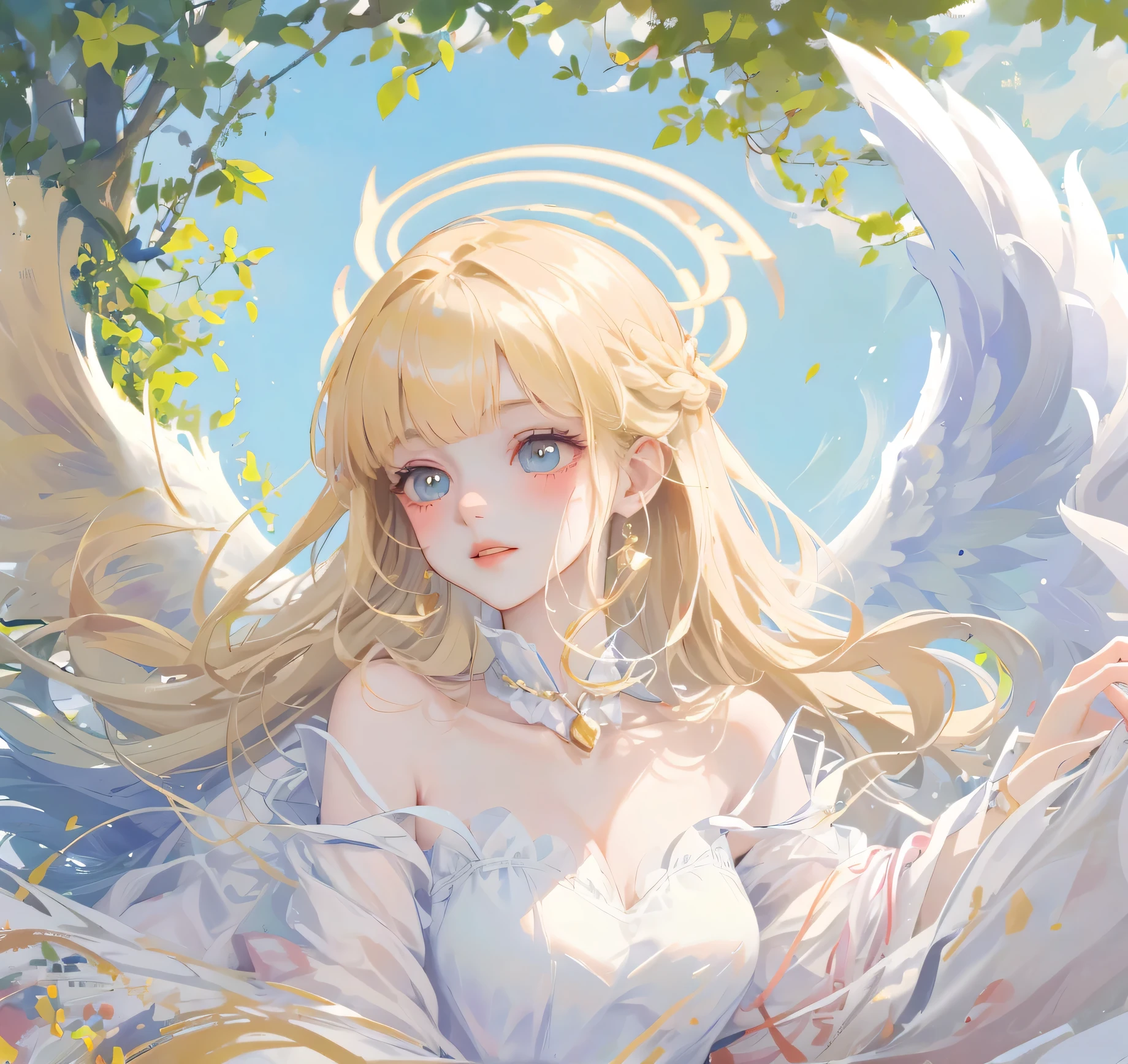 (High quality) (best quality) (A woman) (correct physiognomy) woman, long blonde hair with bangs on her forehead, four small angel wings emerge from her head, two on the left side and two on the right side, two wings of angel emerging from her back, a golden halo behind her head, golden eyes, sensitive lips, feminine appearance, soft facial features, thin eyebrows, soft skin, slightly blushed cheeks, pink lips, silky eyelashes, dreamy expression, middle age , white dress with straps on the shoulders, skirt cut diagonally leaving one leg exposed, location of the photo the woman must be in the middle of the forest, photo illuminated by sunlight, full body proportion, showing in the photo the body from head to torso
