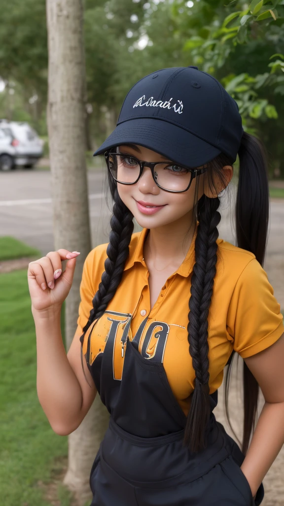 African female、Golfer、randam angle、Spanning Caddy Bag、Polo shirt wet with sweat、Smaller chest、Perfectly sheer of、Arm Cover、Narrowed eyes、kawaii faces、Rin々Facial expressions、caps、poneyTail、masutepiece、top-quality、14years, Glasses