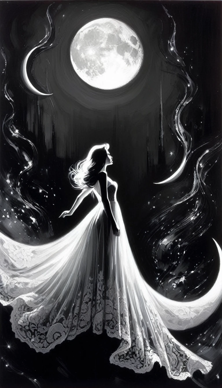 Sexy Girl and Crescent, Night, Lace Dress Black and White Picture, Dress Train Flies By Image (Art Inspired by Bill Sienkiewicz, Oil Painting)