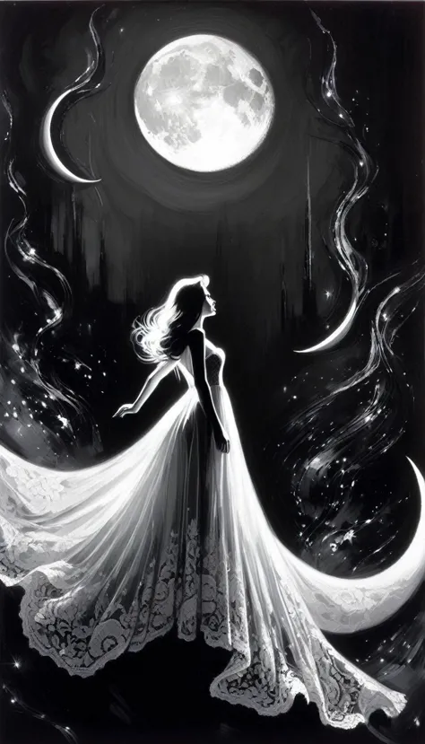 Sexy Girl and Crescent, Night, Lace Dress Black and White Picture, Dress Train Flies By Image (Art Inspired by Bill Sienkiewicz,...