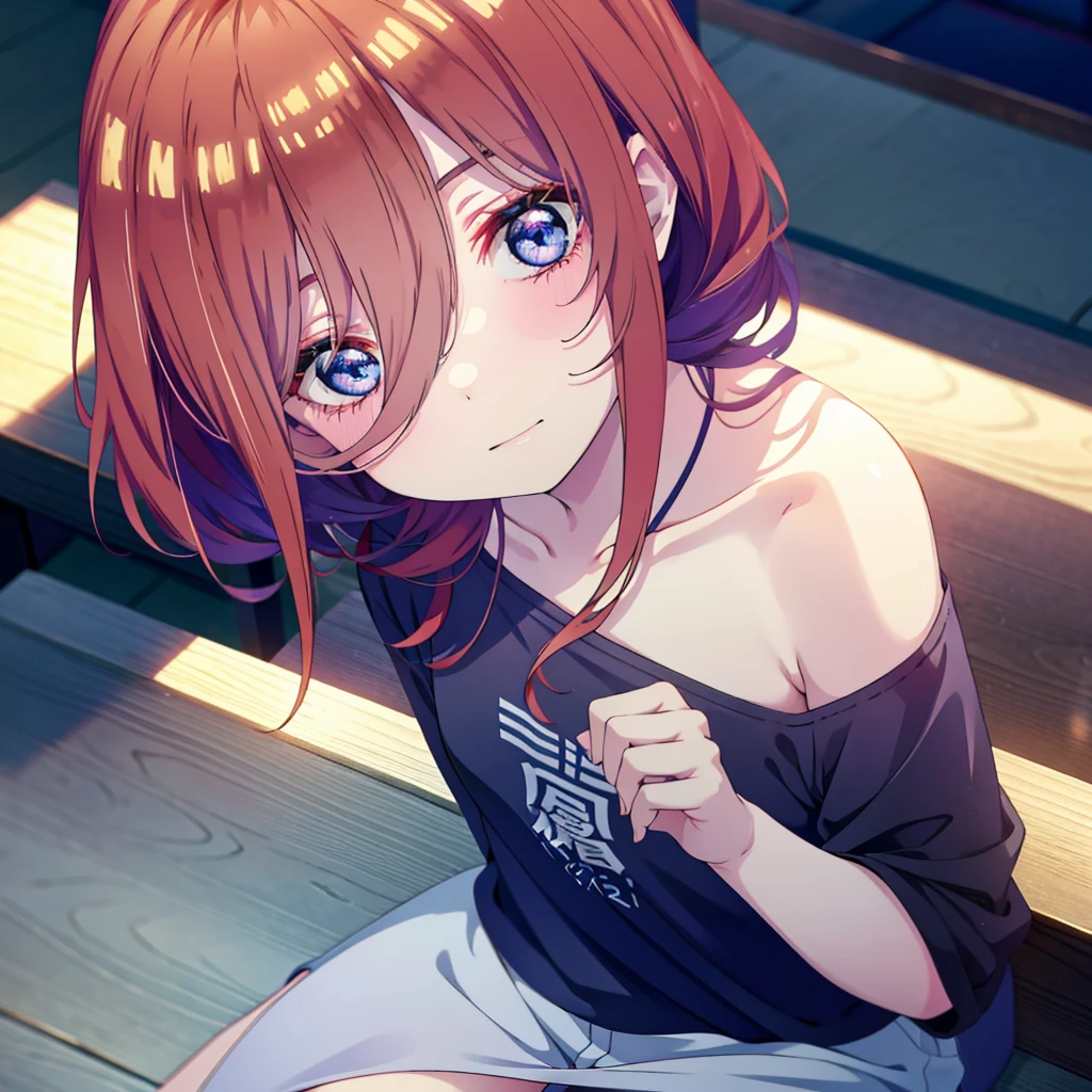 Mikunakano, miku nakano, Long Hair, bangs, blue eyes, Brown Hair, shirt, Hair between the eyes,smile,Open your mouth, Messy Hair,オーバサイズtshirt,One Shoulder,Black string underwear,barefoot,Sitting on the bed,sleepy,Squinting,morning,morning陽,The sun is rising,Building district,whole bodyがイラストに入るように,
break indoors, Bedroom,
break looking at viewer, whole body,
break (masterpiece:1.2), Highest quality, High resolution, unity 8k wallpaper, (figure:0.8), (Beautiful attention to detail:1.6), Highly detailed face, Perfect lighting, Highly detailed CG, (Perfect hands, Perfect Anatomy),