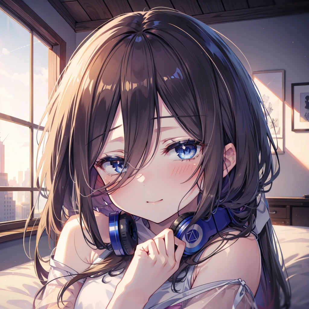 Mikunakano, miku nakano, Long Hair, bangs, blue eyes, Brown Hair, shirt, Hair between the eyes,smile,Open your mouth, Messy Hair,オーバサイズtshirt,One Shoulder,Black string underwear,barefoot,Sitting on the bed,sleepy,Squinting,morning,morning陽,The sun is rising,Building district,whole bodyがイラストに入るように,
break indoors, Bedroom,
break looking at viewer, whole body,
break (masterpiece:1.2), Highest quality, High resolution, unity 8k wallpaper, (figure:0.8), (Beautiful attention to detail:1.6), Highly detailed face, Perfect lighting, Highly detailed CG, (Perfect hands, Perfect Anatomy),