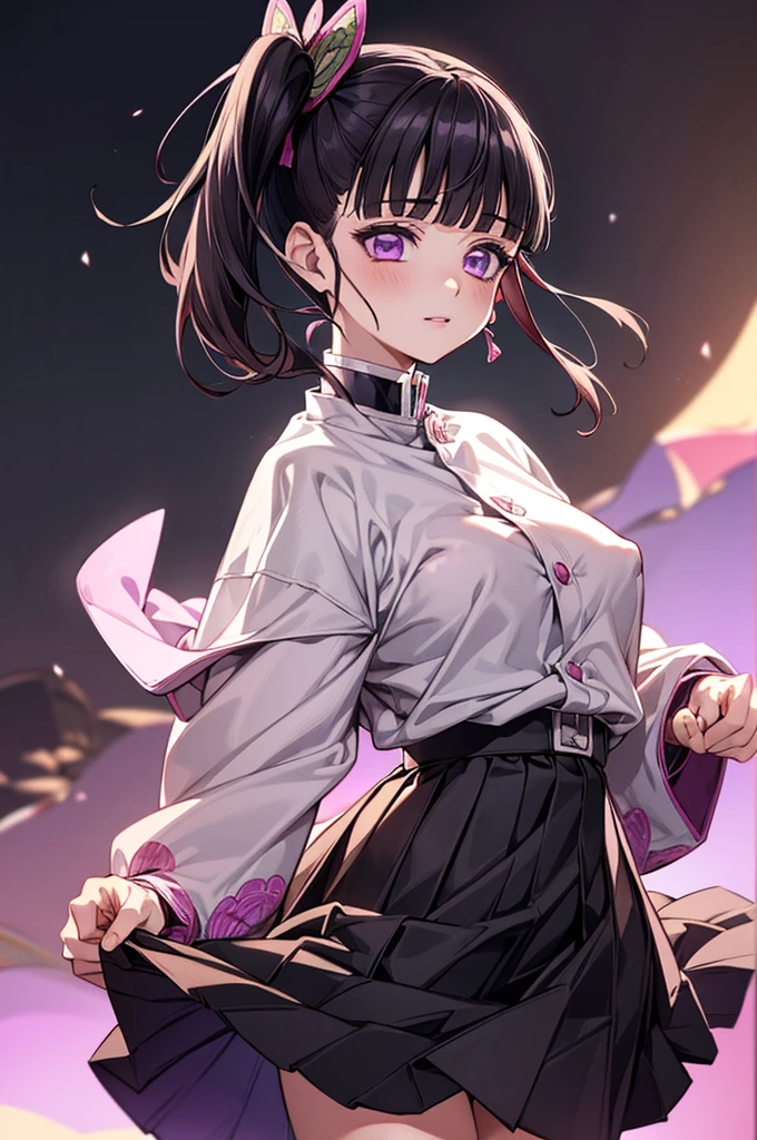 official style, tsuyuri kanao, kimetsu no yaiba, very aesthetic, best quality, intricate, overall detail, 1 girl, purple eyes, standing, happy, simple background, facing the front, straight-on, close to viewer, cowboy shot, face focus, intricate, hyper-detailed, 100-layer, {{{{ultra-high resolution}}}}, {{{hi-vision anime}}},(((skirt lift,nipple,pussy,black skirt,side ponytail)))