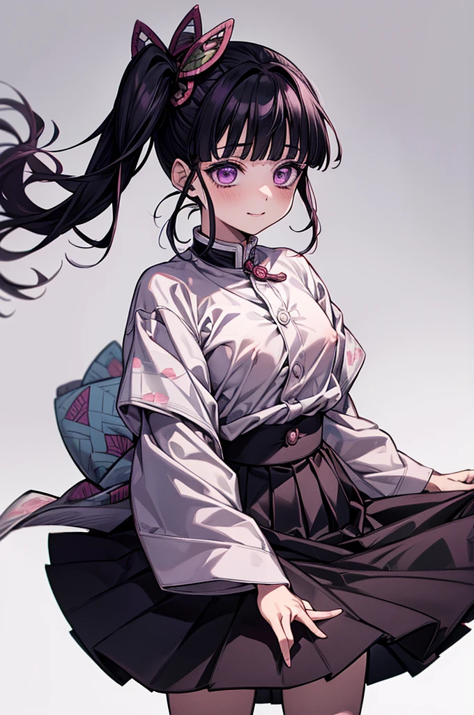 official style, tsuyuri kanao, kimetsu no yaiba, very aesthetic, best quality, intricate, overall detail, 1 girl, purple eyes, standing, happy, simple background, facing the front, straight-on, close to viewer, cowboy shot, face focus, intricate, hyper-detailed, 100-layer, {{{{ultra-high resolution}}}}, {{{hi-vision anime}}},(((skirt lift,nipple,pussy,black skirt,side ponytail)))