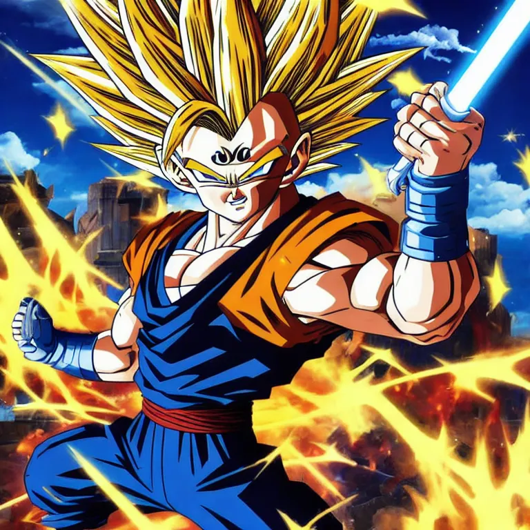 (masterpiece, best quality:1.2), son goku, solo, , a cartoon character with a sword and armor on his chest and a helmet on his h...
