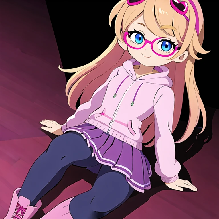 ((masterpiece, best quality, ultra-detailed, very fine 8KCG wallpapers)), 1girl, solo, penny peterson, long hair, blue eyes, 3d, 13-year-old, lavender glasses, bright pink hoodie, dark lavender pleated skirt, maroon leggings, pink wide heeled boots,