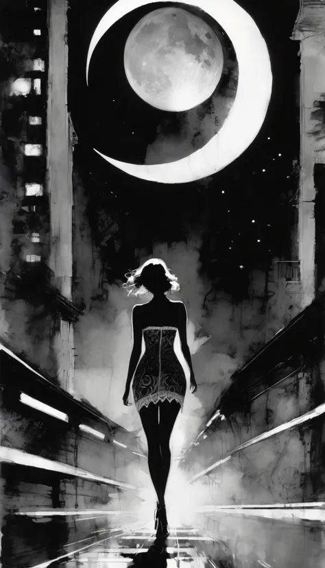 Sexy Girl and Crescent, Night, Lace Dress Black and White Picture, Dress Train Flies By Image (Art Inspired by Bill Sienkiewicz,...