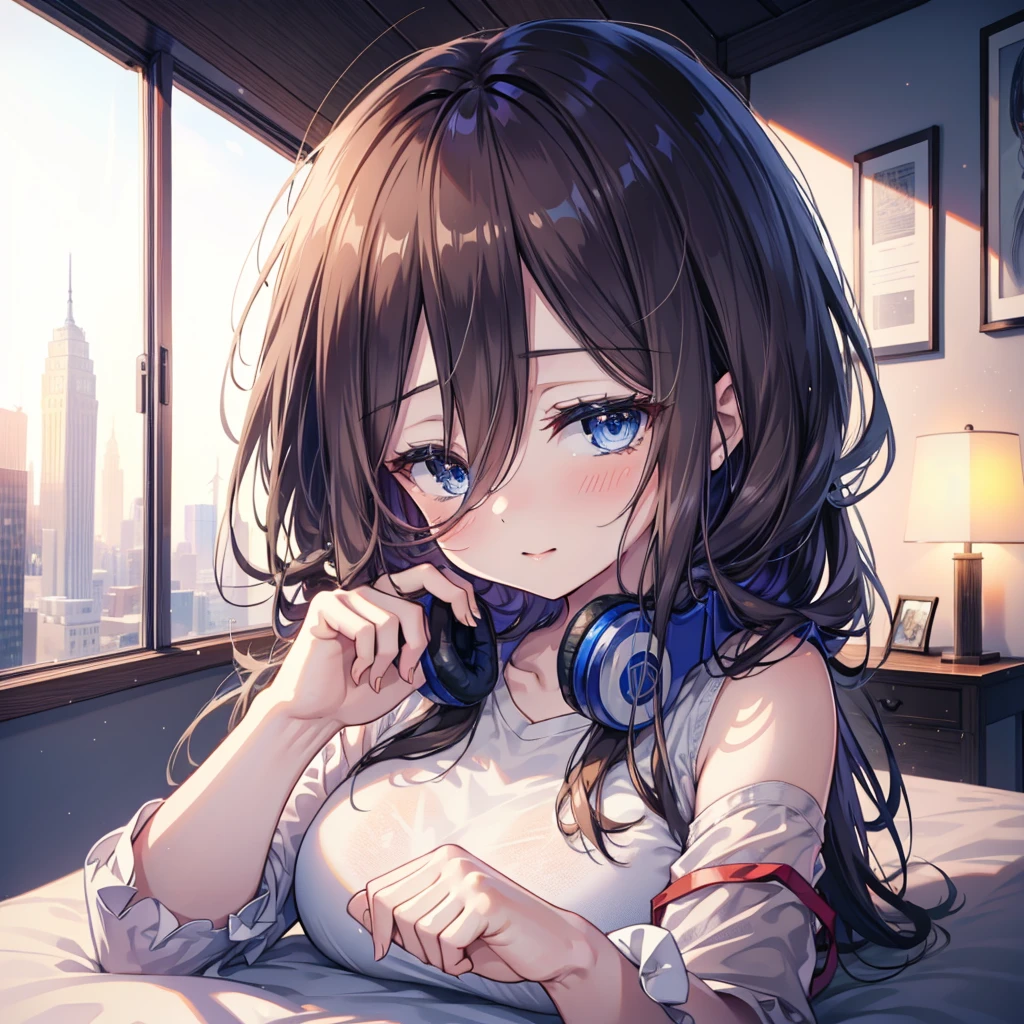 Mikunakano, miku nakano, Long Hair, bangs, blue eyes, Brown Hair, shirt, Hair between the eyes,smile,Open your mouth, Messy Hair,オーバサイズtshirt,One Shoulder,Black string underwear,barefoot,Sitting on the bed,sleepy,Squinting,morning,morning陽,The sun is rising,Building district,whole bodyがイラストに入るように,
break indoors, Bedroom,
break looking at viewer, whole body,
break (masterpiece:1.2), Highest quality, High resolution, unity 8k wallpaper, (figure:0.8), (Beautiful attention to detail:1.6), Highly detailed face, Perfect lighting, Highly detailed CG, (Perfect hands, Perfect Anatomy),