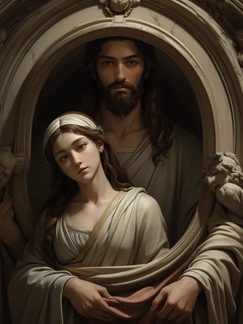 ((highest quality)), ((masterpiece)), (detailed), perfect face、michelangelo style、jesus、maria、pieta、sculpture