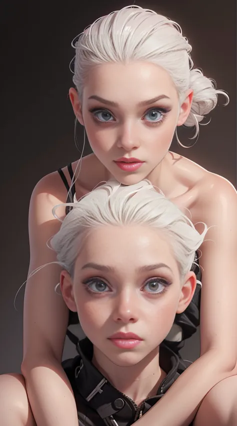 ((cutaneous albinism)),(( 2 heads)), dry skin, pale skin 1 girl, 16 years , silver-white hair, freckles on the face, sitting on ...