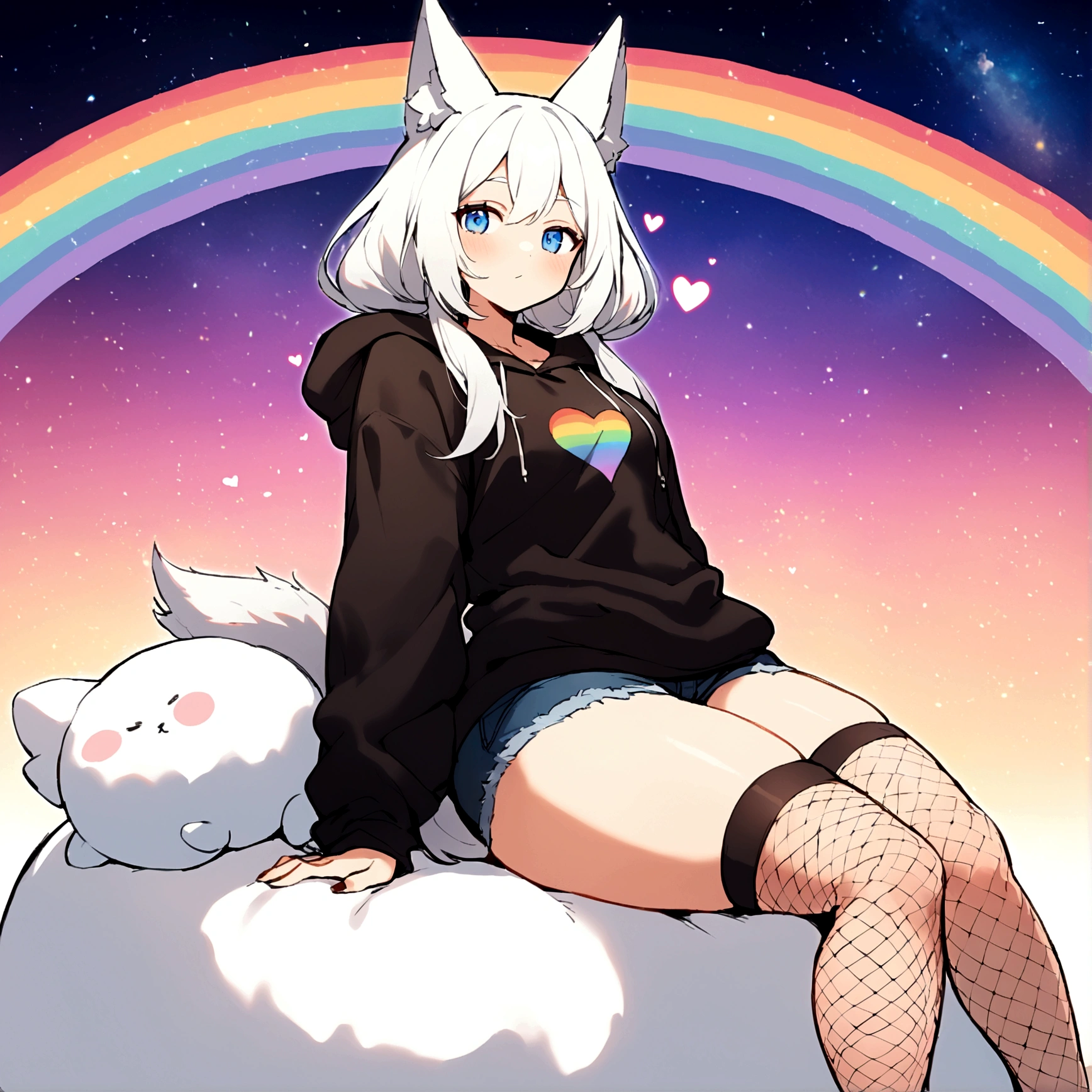 a cute adult male with wolf ears, long white hair, long locks, has a wolf tail, wearing a loose cropped oversized black hoodie, wearing a pair of denim short shorts and fishnet stockings, thick thighs, wide hips, relaxing on mound of fluffy multi colored kawaii plushies, short, very slim, showing slender tummy, heart on hoodie, squishy thighs, has glowing blue eyes. alone, solo (ALONE)(SOLO), surrounded by rainbows, colorful galaxy backround

