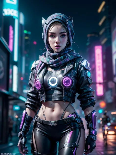 (photorealistic:1.4) image of a cyber punk girl in hijab, (top-quality, 8k, 32k, masterpiece), (dynamic pose), ((facing camera))...