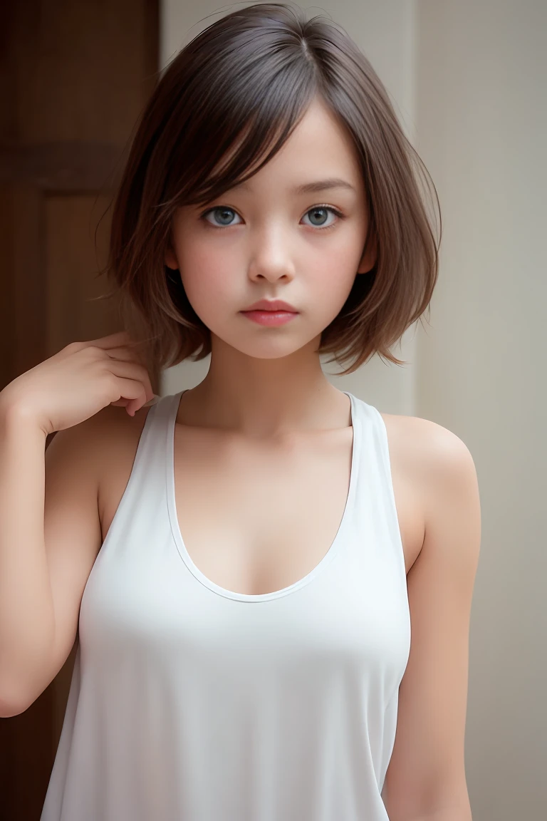 ((SFW: 1.4)), (( Super Short Hair, side lock hair, 1 Girl)),alone,((18-year-old)), (Wearing a white tank top:1.5),((Short denim pants)) Ultra-high resolution, (Realistic:1.4), RAW Photos, Highest quality, (PhotoRealistic Stick), concentrated, Soft Light, ,((Japanese)), (( (Young Face))), (surface), (Depth of written boundary), masterpiece, (Realistic), woman, bangs, ((1 Girl)),(bust:1.5)