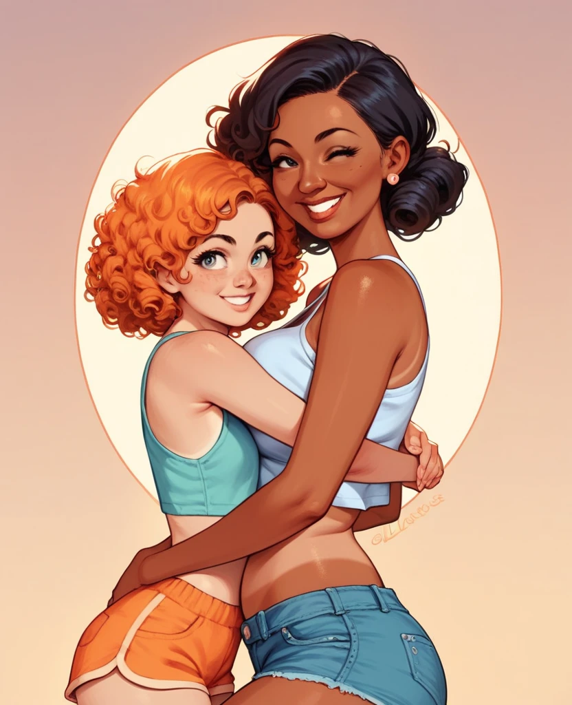 1girl, girl( flat chest tall tanned wearing a crop top and shorts with elbow length curly Orange hair hugging a woman, young face), 1girl, woman(mature woman with casual clothes curvy with Big breasts, smiling,black hair,glases,pale skin)