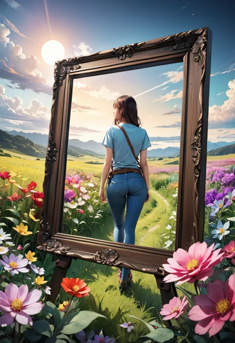 A wooden picture frame is placed on a tripod in a wide grassland filled with colorful flowers., The view inside the frame is a h...