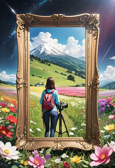 A wooden picture frame is placed on a tripod in a wide grassland filled with colorful flowers., The view inside the frame is a h...