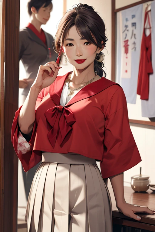 8k, 55 year old mature Japanese woman, Beautiful mature woman, Long eyelashes, Low Ponytail, Red lipstick, Plump, Japanese school girl uniform、Sailor suit、Pleated skirt、Long skirt, Pearl Necklace, Red lipstick, sexy, 