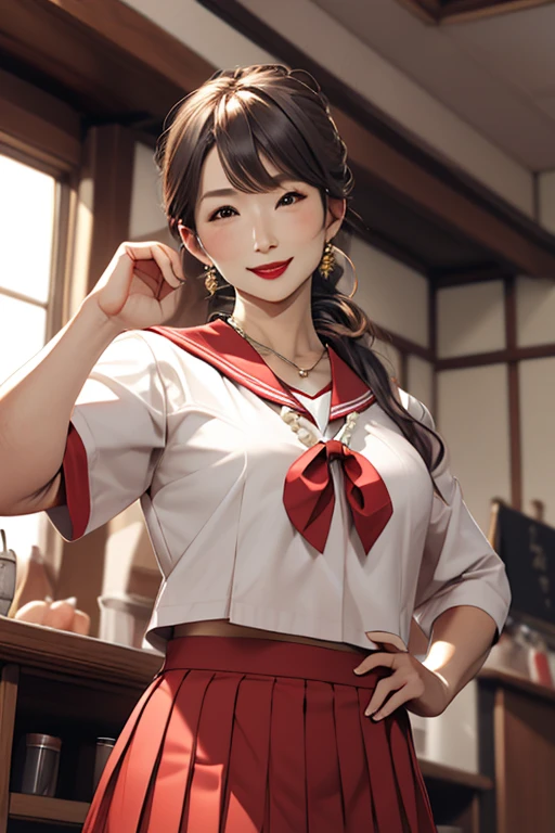 8k, 55 year old mature Japanese woman, Beautiful mature woman, Long eyelashes, Low Ponytail, Red lipstick, Plump, Japanese school girl uniform、Sailor suit、Pleated skirt、Long skirt, Pearl Necklace, Red lipstick, sexy, 