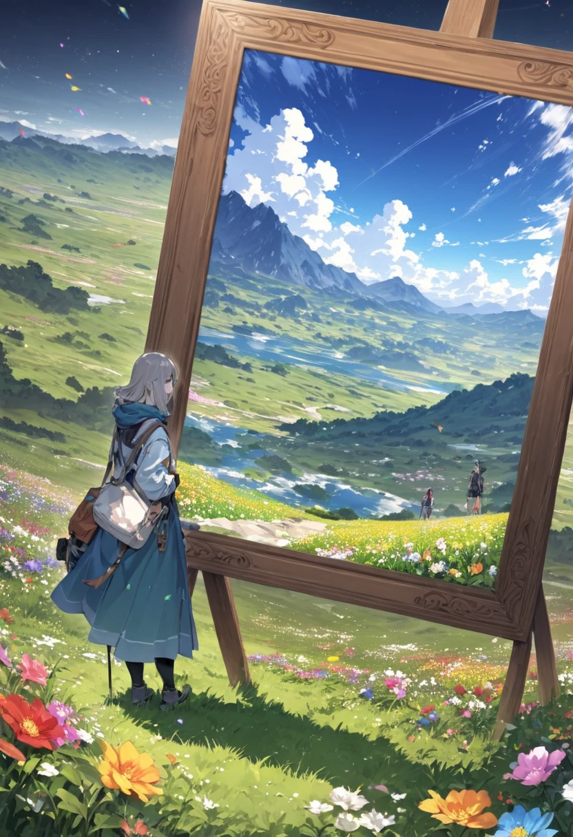 A wooden picture frame is placed on a tripod in a wide grassland filled with มีสีสัน flowers., มุมมองภายในเฟรมเป็นภาพถ่ายที่มีรายละเอียดสูง, ทิวทัศน์นอกกรอบเป็นภาพถ่ายสไตล์อนิเมะ, มุมมองด้านหลังของผู้หญิงมองเข้าไปในกรอบรูป, ผู้หญิงสไตล์นักปีนเขา, ใส่กางเกงขายาวรัดรูป, โลกทัศน์ที่แปลกประหลาด, สไตล์โลกคู่ขนาน, การบิดเบือนของอวกาศ, (ผลงานชิ้นเอก:1.4), (คุณภาพสูงสุด:1.4), รายละเอียดมาก, ซับซ้อน, รายละเอียดมากな, รูปร่าง,มีสีสัน, ระบายสี,