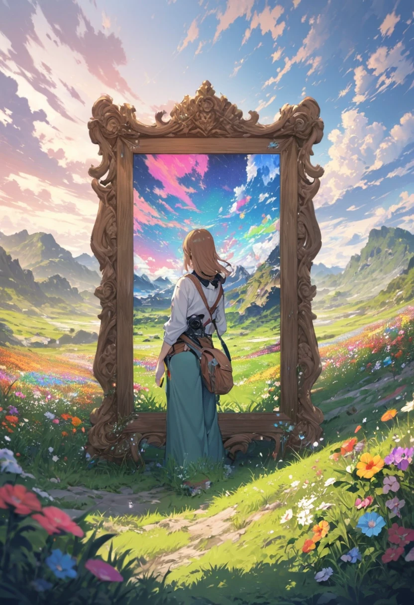 A wooden picture frame is placed on a tripod in a wide grassland filled with colorful flowers., The view inside the frame is a highly detailed photograph, The scenery outside the frame is an anime-style photo, Back view of a woman peering into a picture frame, Hiker style woman, Wearing tight long pants, A strange worldview, Parallel world style, Distortion of Space, (masterpiece:1.4), (Highest quality:1.4), Very detailed, Complex, Very detailedな, shape,colorful, Colorized,