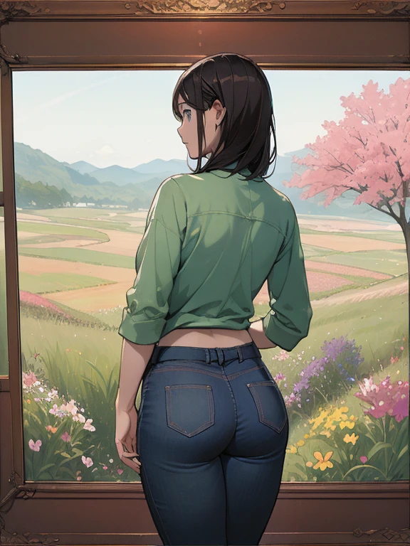 A wooden picture frame is placed on a tripod in a wide grassland filled with colorful flowers., The view inside the frame is a highly detailed photograph, The scenery outside the frame is an anime-style photo, Back view of a woman peering into a picture frame, Hiker style woman, Wearing tight long pants, A strange worldview, Parallel world style, Distortion of Space, (masterpiece:1.4), (Highest quality:1.4), Very detailed, Complex, Very detailedな, shape,colorful, Colorized,