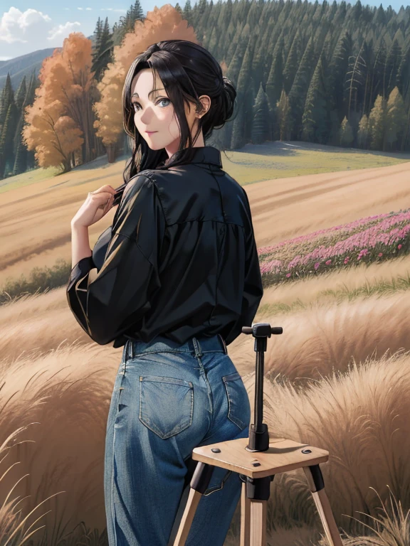 A wooden picture frame is placed on a tripod in a wide grassland filled with colorful flowers., The view inside the frame is a highly detailed photograph, The scenery outside the frame is an anime-style photo, Back view of a woman peering into a picture frame, Hiker style woman, Wearing tight long pants, A strange worldview, Parallel world style, Distortion of Space, (masterpiece:1.4), (Highest quality:1.4), Very detailed, Complex, Very detailedな, shape,colorful, Colorized,
