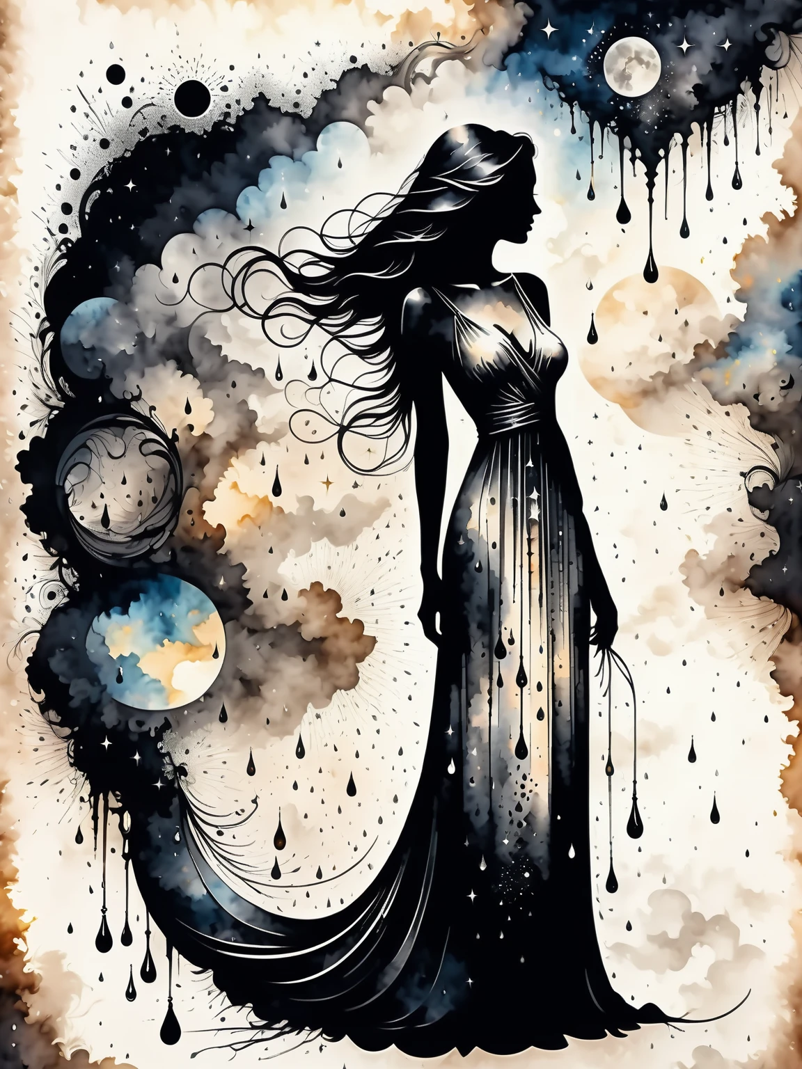 uma mulher com um vestido longo contra um fundo celestial, Dupla exposição, carvão, ilustração digital dramática, abstrato, alta qualidade, lindo, altamente detalhado, 8K, fantasia, (monocromático:1.2),  Manchas de tinta 