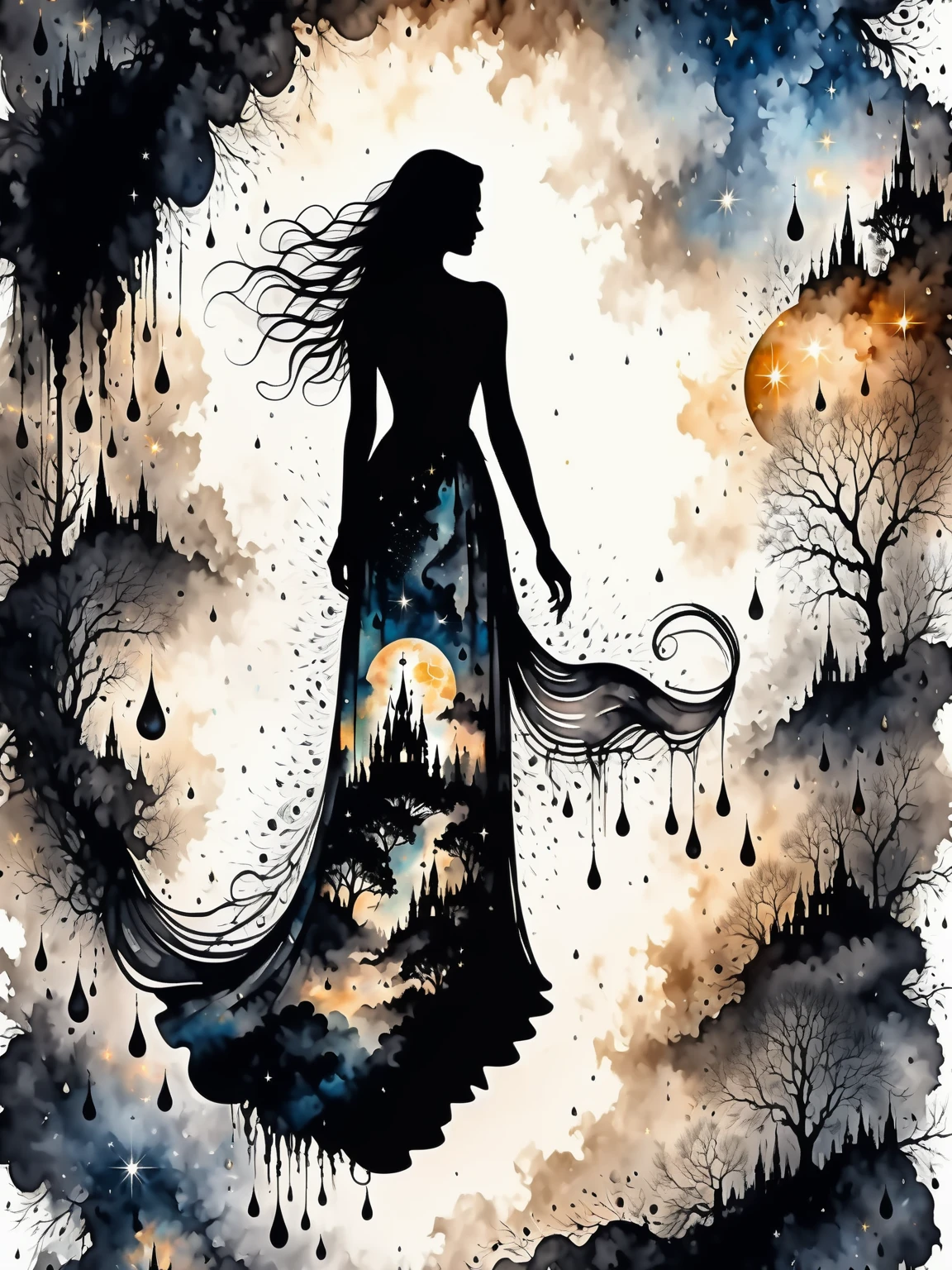 uma mulher com um vestido longo contra um fundo celestial, Dupla exposição, carvão, ilustração digital dramática, abstrato, alta qualidade, lindo, altamente detalhado, 8K, fantasia, (monocromático:1.2),  Manchas de tinta 