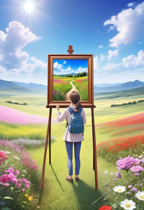 A wooden picture frame is placed on a tripod in a wide grassland filled with colorful flowers., The view inside the frame is a h...