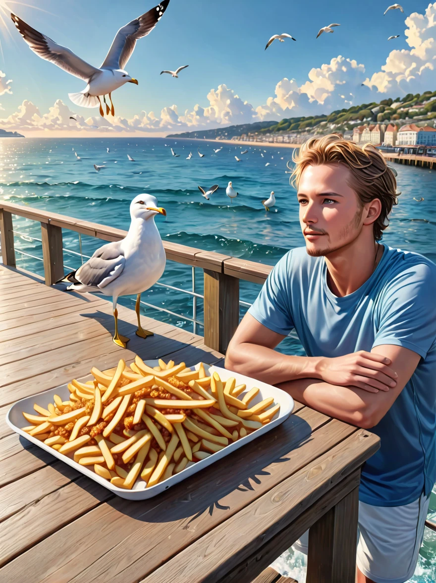 (beste Qualität,4k,8k,highres,Meisterwerk:1.2),ultra-detailliert,(realistisch,photorealistisch,photo-realistisch:1.37),Illustration,eine Möwe stiehlt Pommes Frites,auf einem Holzsteg,Ozean,Möwen,bokeh,Wolken,Sonnig,HDR,ein Mann, der amüsiert zusieht,im Stil von Josh Byerly