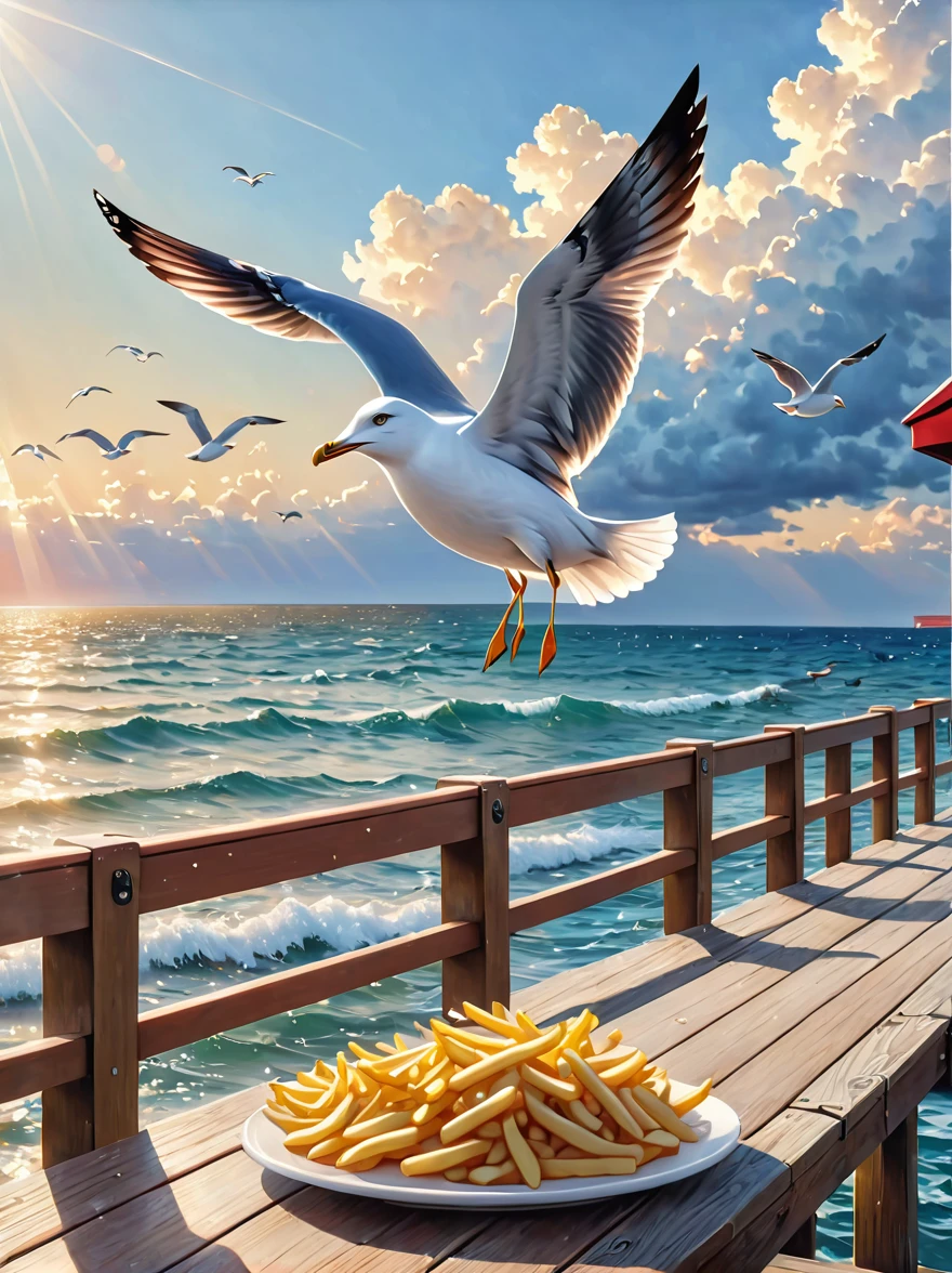 (melhor qualidade,4K,8K,alta resolução,obra de arte:1.2),Ultra-detalhado,(realista,photorealista,photo-realista:1.37),ilustração,uma gaivota roubando batatas fritas,em um píer de madeira,oceano,gaivotas,Bokeh,Nuvens,ensolarado,HDR,um homem assistindo divertido,no estilo de Josh Byerly