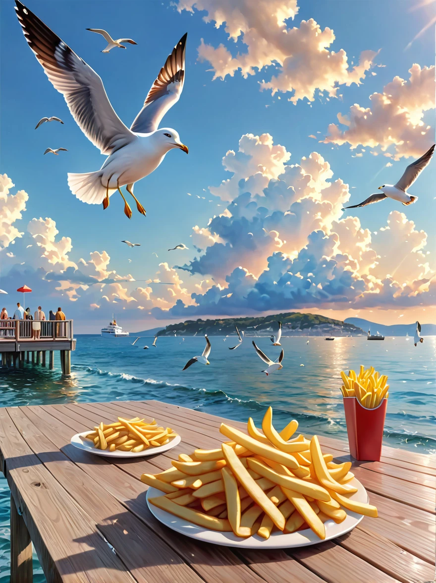 (mejor calidad,4k,8K,alta resolución,obra maestra:1.2),ultra detallado,(Realista,photoRealista,photo-Realista:1.37),ilustración,una gaviota robando papas fritas,en un muelle de madera,océano,seagulls,bokeh,nubes,soleado,hdr,un hombre mirando divertido,al estilo de Josh Byerly