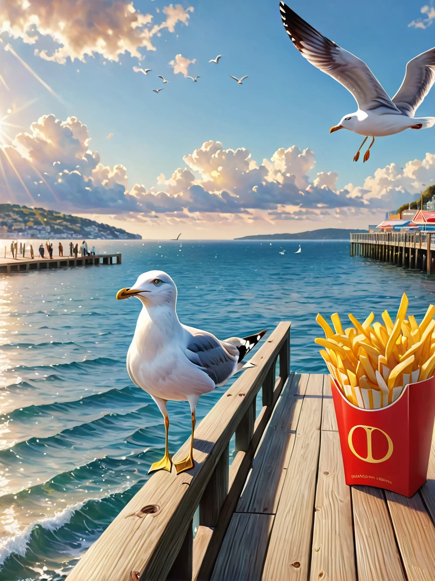 (Meilleure qualité,4k,8k,haute résolution,chef-d&#39;œuvre:1.2),ultra-détaillé,(Réaliste,photoRéaliste,photo-Réaliste:1.37),illustration,une mouette volant des frites,sur une jetée en bois,Océan,mouettes,bokeh,des nuages,ensoleillé,HDR,un homme regarde avec amusement,à la manière de Josh Byerly