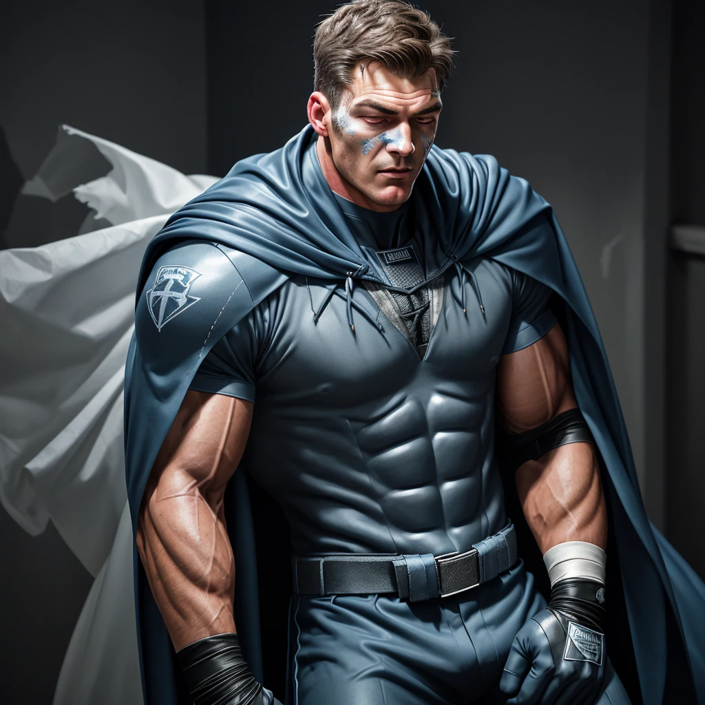 A full-body 3D male realistic model, wearing a full-body hero suit and cape in the pattern of a professional baseball uniform, a very short-haired, crew-cut, cool, dandy-looking, veteran-aged man with a shiny, sparkling blue cape that is longer than his body, gloves and a cap are always worn, an original hero, only the eyebrows, eyelashes and eyes are visible, his mouth is bandaged and sealed, the upper half of his face is bare with a sharp look in his eyes, he has six-pack abs, a muscular, macho, sturdy body and is cool, with both legs closed and both hands clasped behind his back in an X shape, his whole body tied up and sealed with duct tape and held. Tired, he has collapsed and is sleeping with his eyes closed. A coat of arms, in a dark room background, his whole body facing forward, backward, left and right (north, south, east and west), an image of him being mummified and restrained