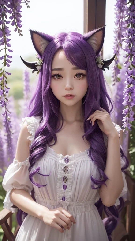 (In a fantasy universe、Flying in the sky、Posting on SNS、Her hair is purple and slightly curly, and she has cat ears and white demon horns with red tips growing from her forehead.、With wisteria hair ornament、The cat&#39;s eyes are large and bright red.、There is a small tattoo on the cheek.、Earrings are、Flame-shaped gemstone、The upper body is in a red kimono with transparent shoulders.、The lower half is in super short pants、Wearing geta)Highest quality、Ultra delicate、Ultra HD、Super Resolution、Dynamic Lighting Effects、Ultra-precise geometric pattern background