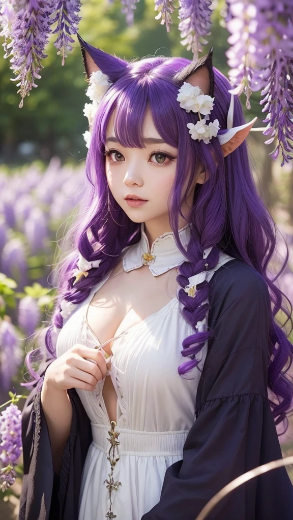 (In a fantasy universe、Flying in the sky、Posting on SNS、Her hair is purple and slightly curly, and she has cat ears and white demon horns with red tips growing from her forehead.、With wisteria hair ornament、The cat&#39;s eyes are large and bright red.、There is a small tattoo on the cheek.、Earrings are、Flame-shaped gemstone、The upper body is in a red kimono with transparent shoulders.、The lower half is in super short pants、Wearing geta)Highest quality、Ultra delicate、Ultra HD、Super Resolution、Dynamic Lighting Effects、Ultra-precise geometric pattern background