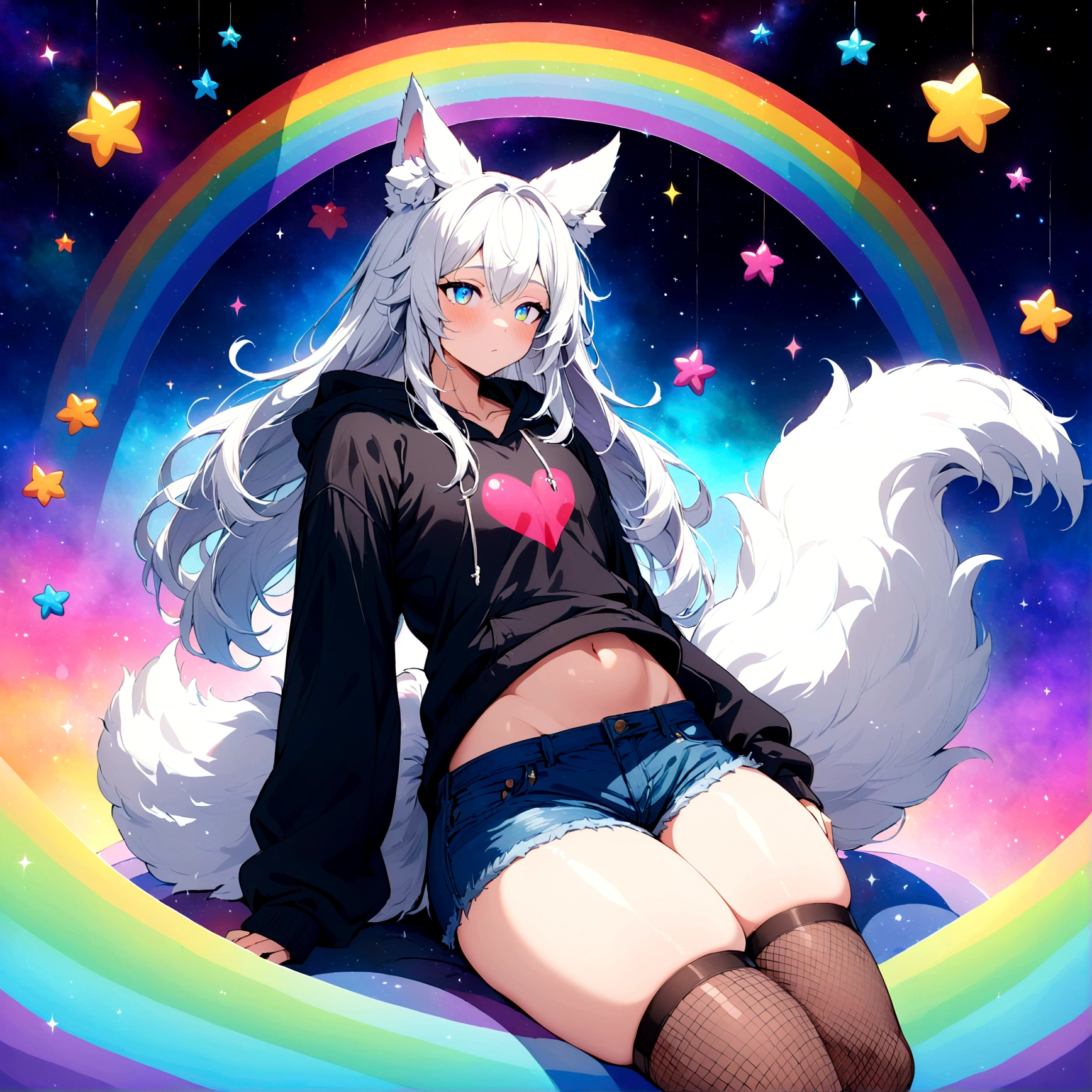 a cute adult male with wolf ears, long white hair, long locks, has a wolf tail, wearing a loose cropped black hoodie, wearing a pair of denim short shorts and fishnet stockings, thick thighs, wide hips, relaxing on mound of fluffy multi colored kawaii plushies, short, very slim, showing slender tummy, heart on hoodie, squishy thighs, has glowing blue eyes. alone, solo (ALONE)(SOLO), surrounded by rainbows, colorful galaxy backround
