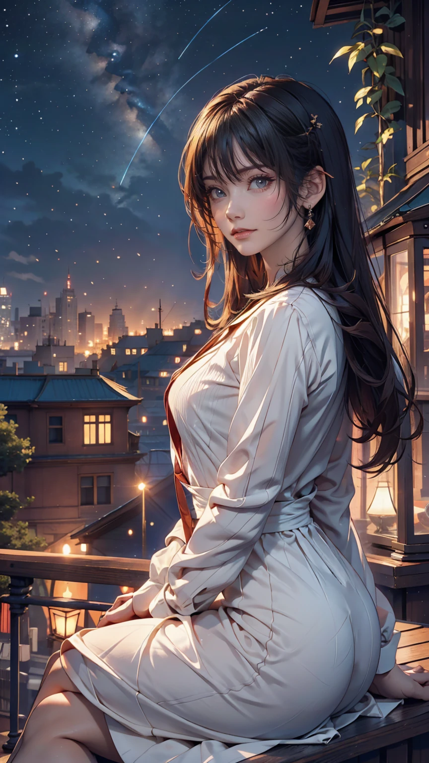 Highest quality, masterpiece, Very detailed, Detailed Background, anime, One girl, Young girl, Short girl, SF, SF, Outdoor, night, Starry Sky, greenhouse, huge structure, Biodome, Wind景, scenery, horizon, rooftop, sitting on rooftop, Wind, avert your eyes, Atmospheric lighting, Focus Only, close, From the side, Depth of written boundary, Bokeh